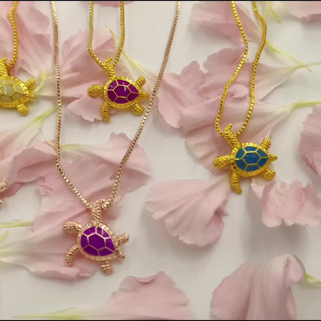 Ocean Turtle Pendant Necklace with Purple Opal Inlay & Accents